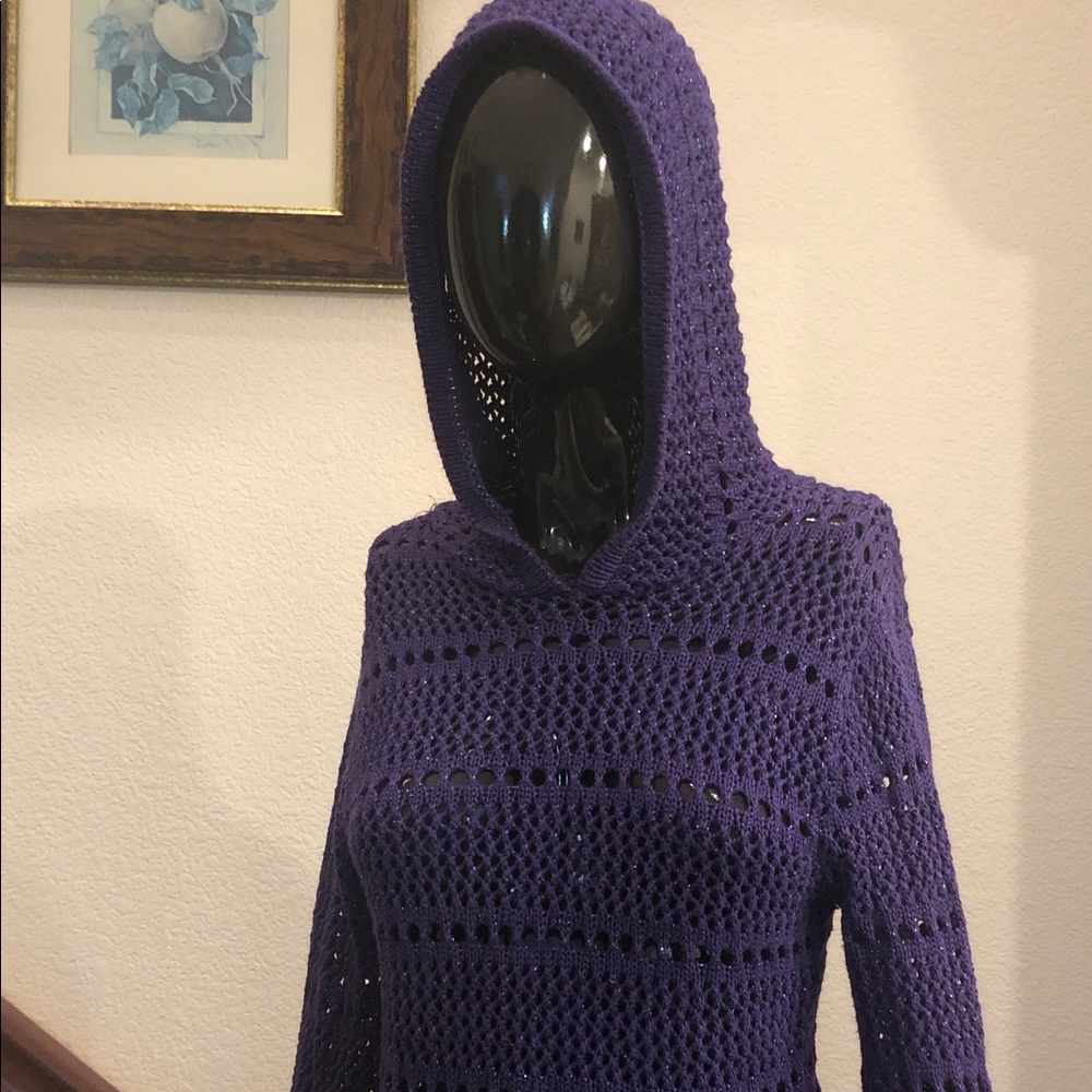 Purple Hooded Crochet Sweater - Women's Lightweight Knit
